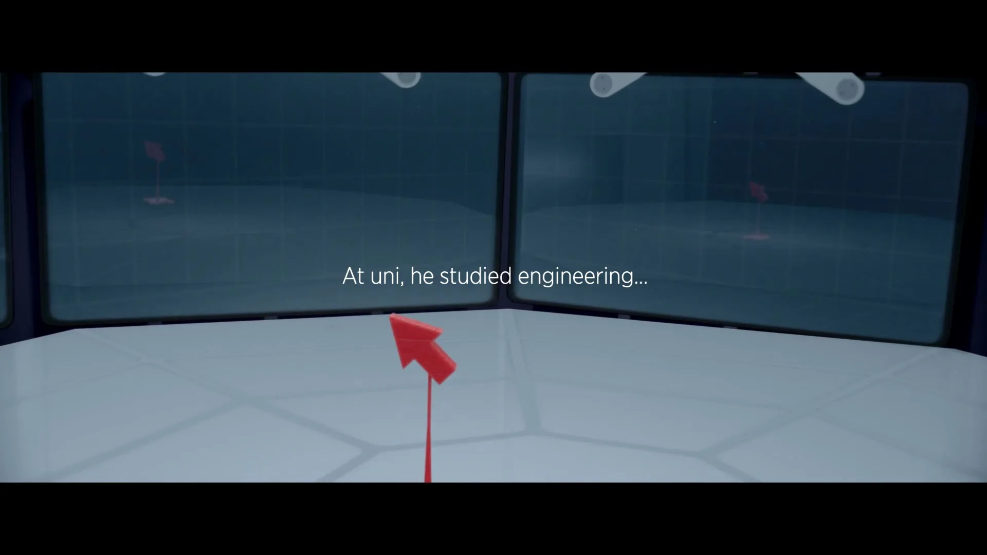 A red 3D-printed car frame is assembled on a white surface in a virtual engineering lab, with two large screens in the background.