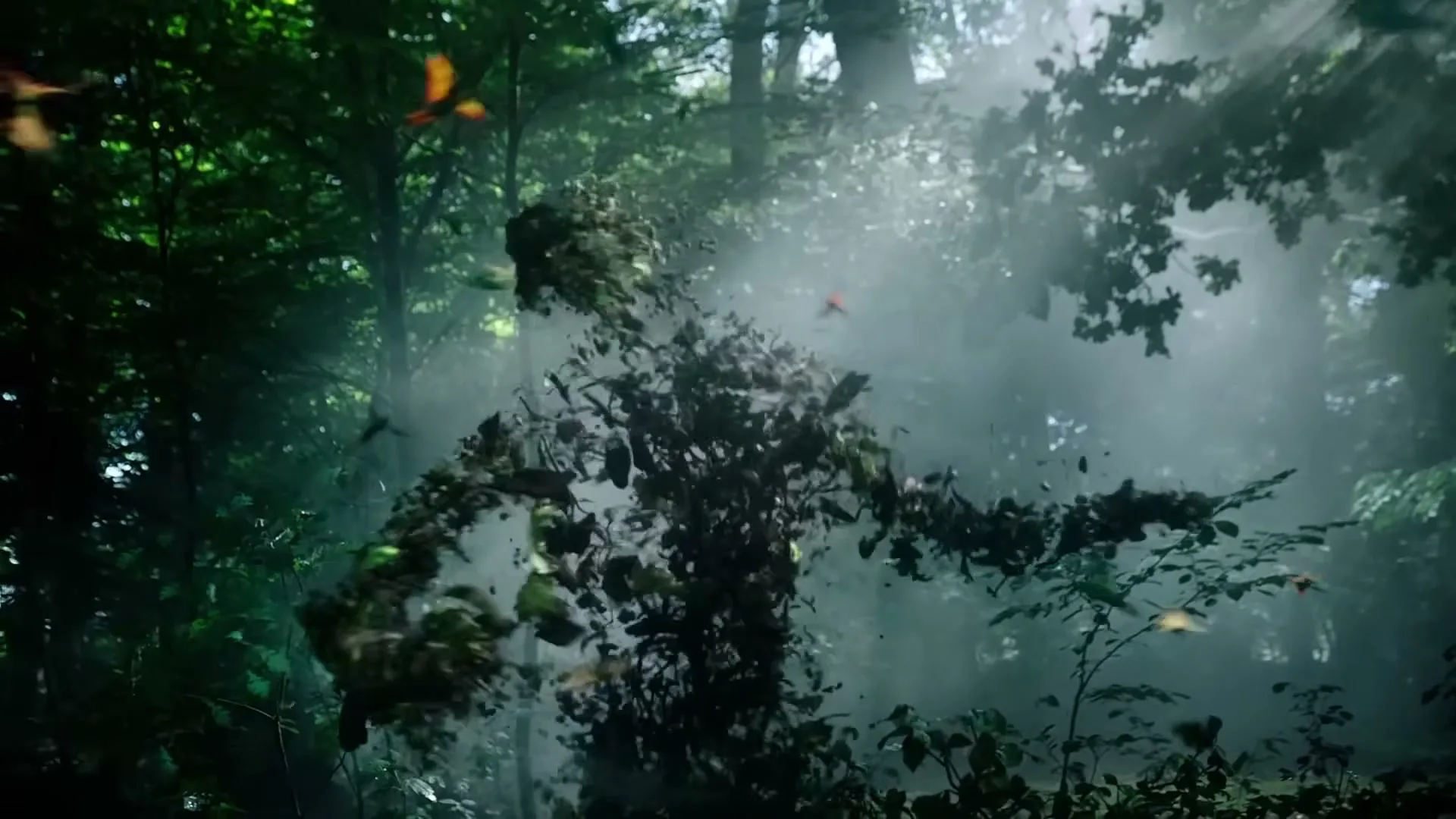 A human-shaped figure made of leaves and branches disintegrates into the air in a misty forest.