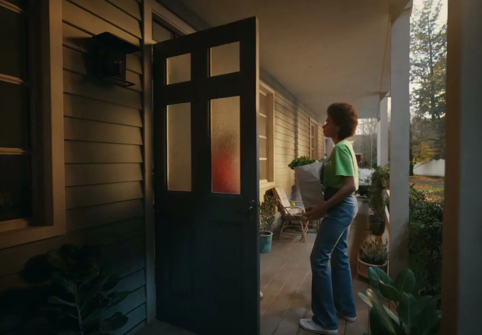 A young woman with an afro, wearing a green shirt and jeans, delivers groceries to an older woman in a red sweater and skirt on a porch.