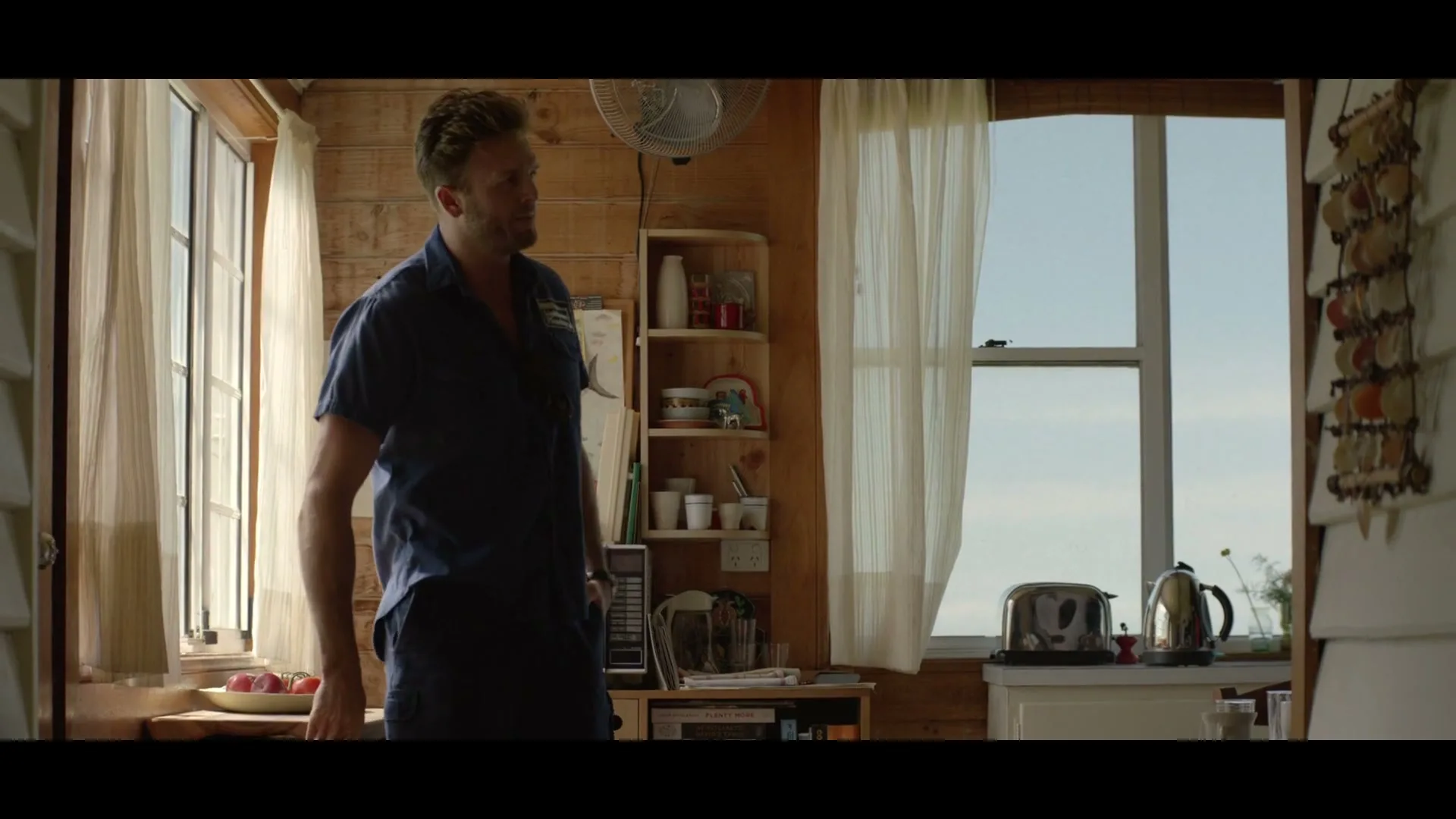 A man in a blue shirt stands in a rustic wooden kitchen, looking towards the right, with sunlight streaming through windows.