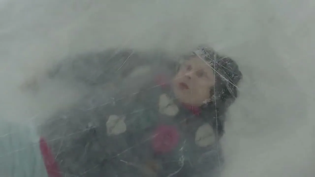 A child in a winter coat lies on an ice rink, looking up as a person's legs skate over them, creating a blurry, icy effect.