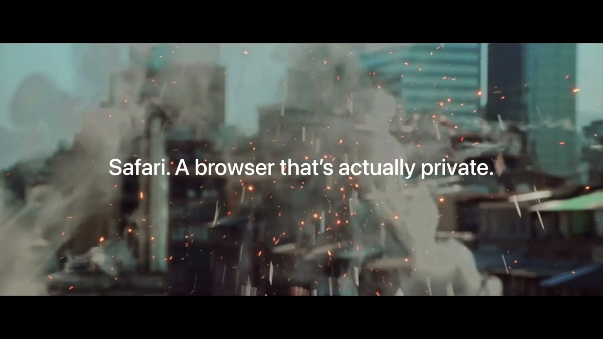A bird-like creature flies through a city, dropping debris, as text about Safari appears on screen.