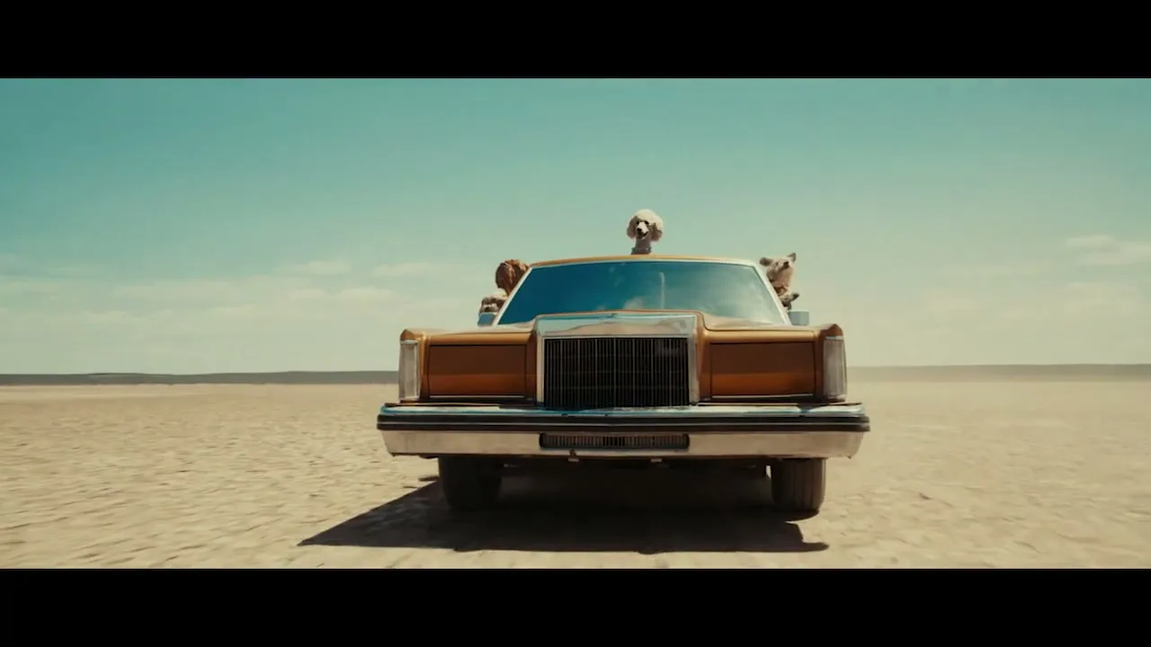 A vintage brown car drives across a vast, empty desert landscape under a clear blue sky, with several dogs looking out the windows.