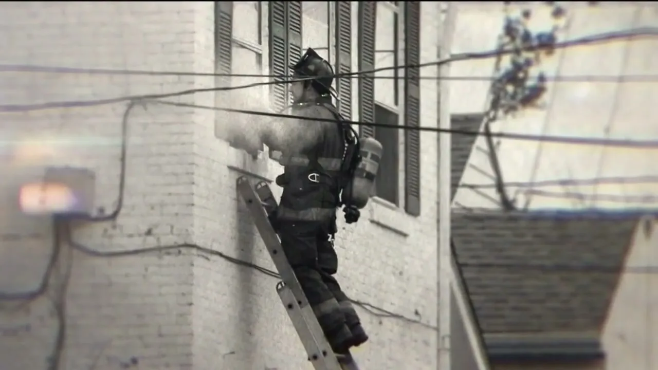A firefighter in full gear climbs a ladder against a white brick building, with smoke emanating from a window, in a vintage-style shot.