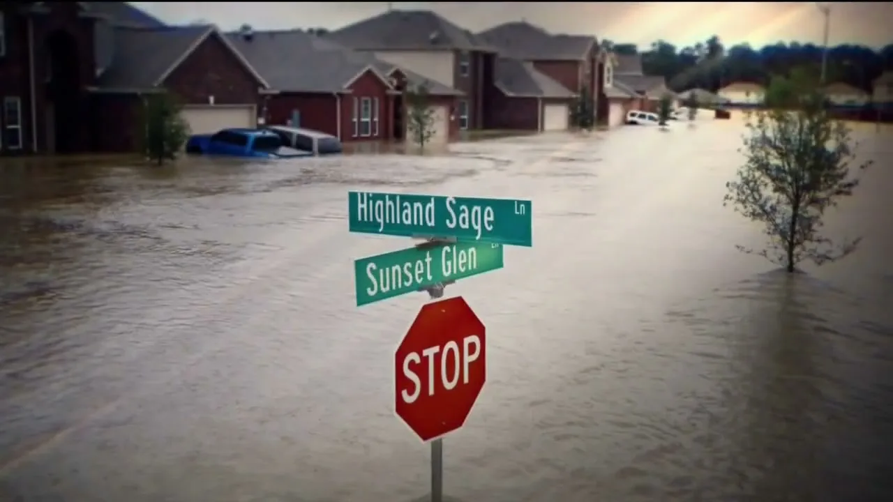 A stop sign and street signs are visible above floodwaters in a suburban neighborhood, with houses and submerged cars in the background.