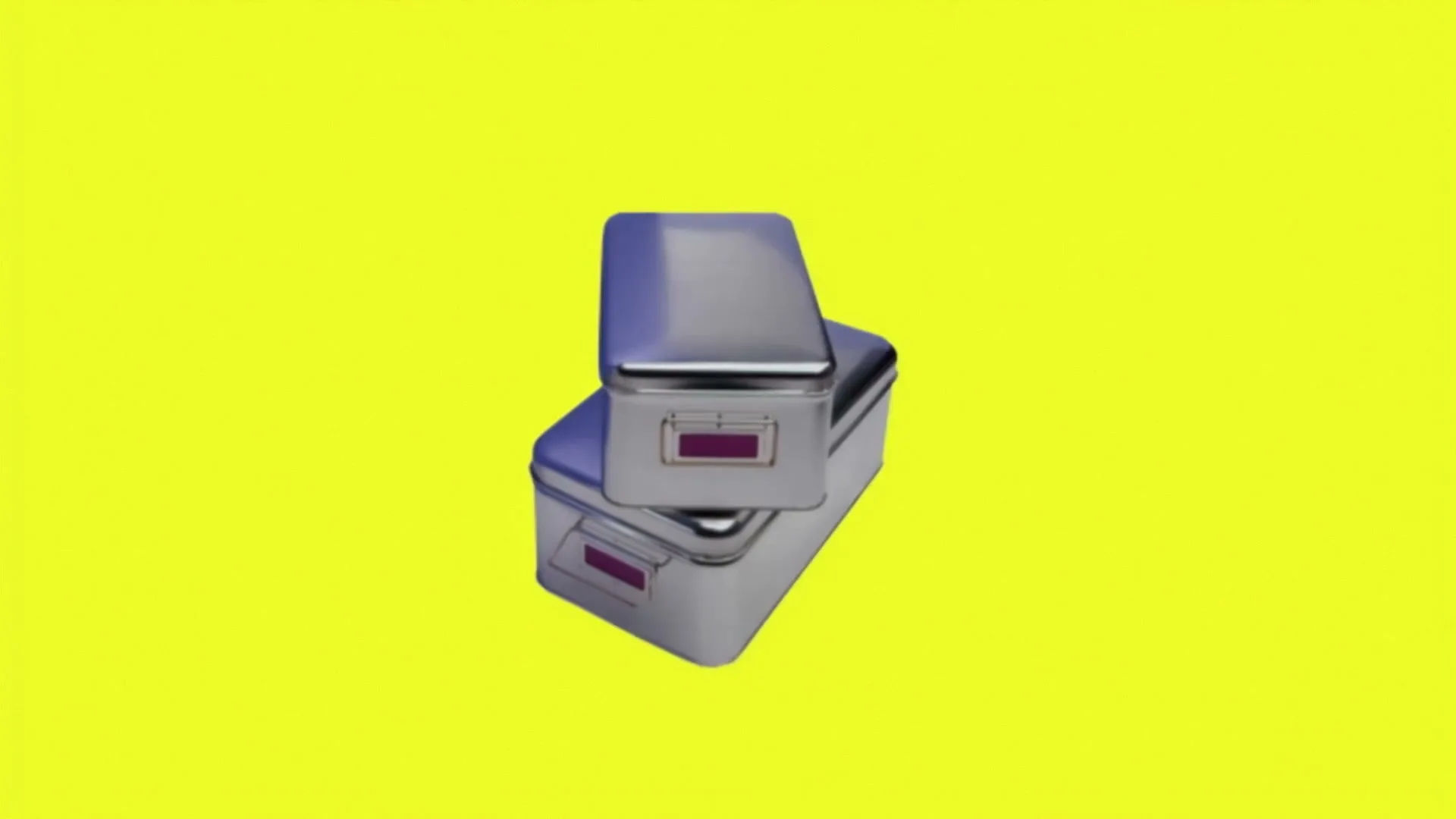 A wooden chest with a red item inside, then two stacked silver boxes, then a white box with blue books and a CD, all on a yellow background.