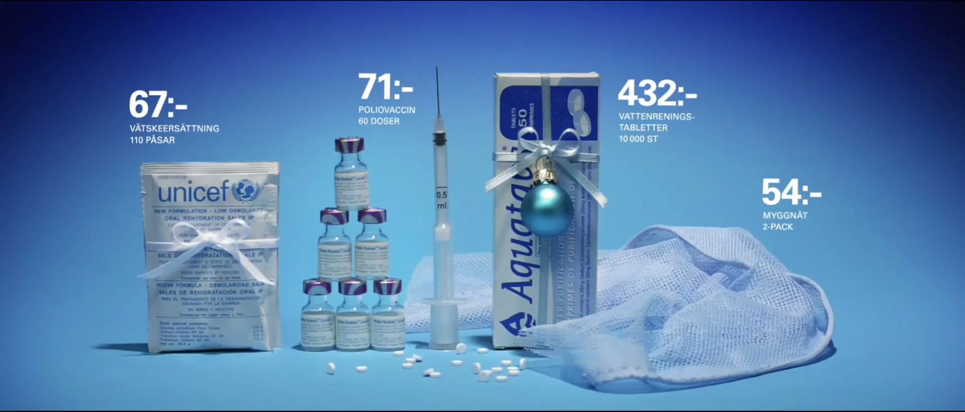 Various medical supplies and water purification tablets are arranged on a blue surface, with prices displayed above each item.