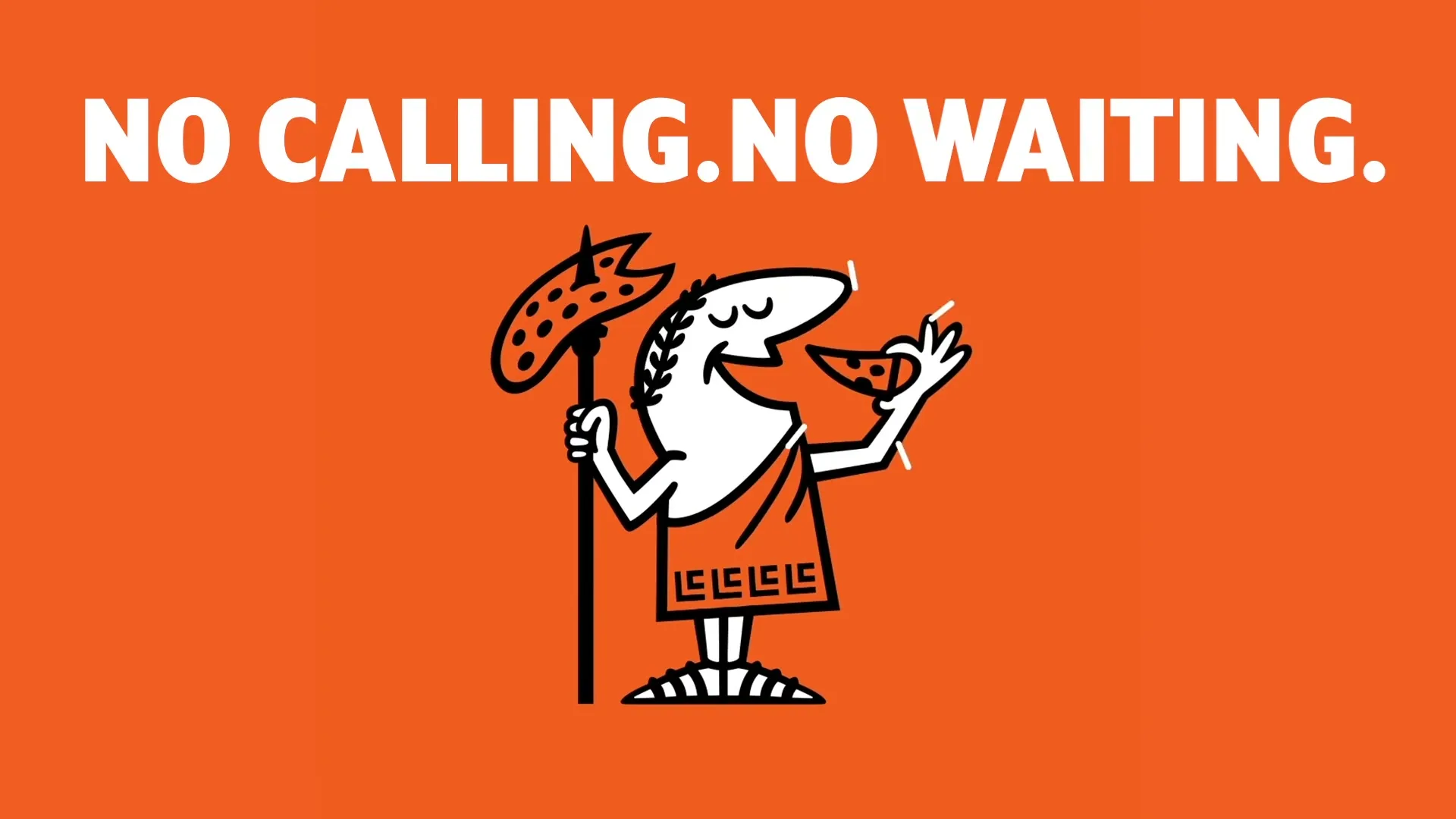 The Little Caesars mascot, a cartoon Roman, walks across an orange background, then eats a slice of pizza, and finally, the words "Hot-N-Ready" appear.