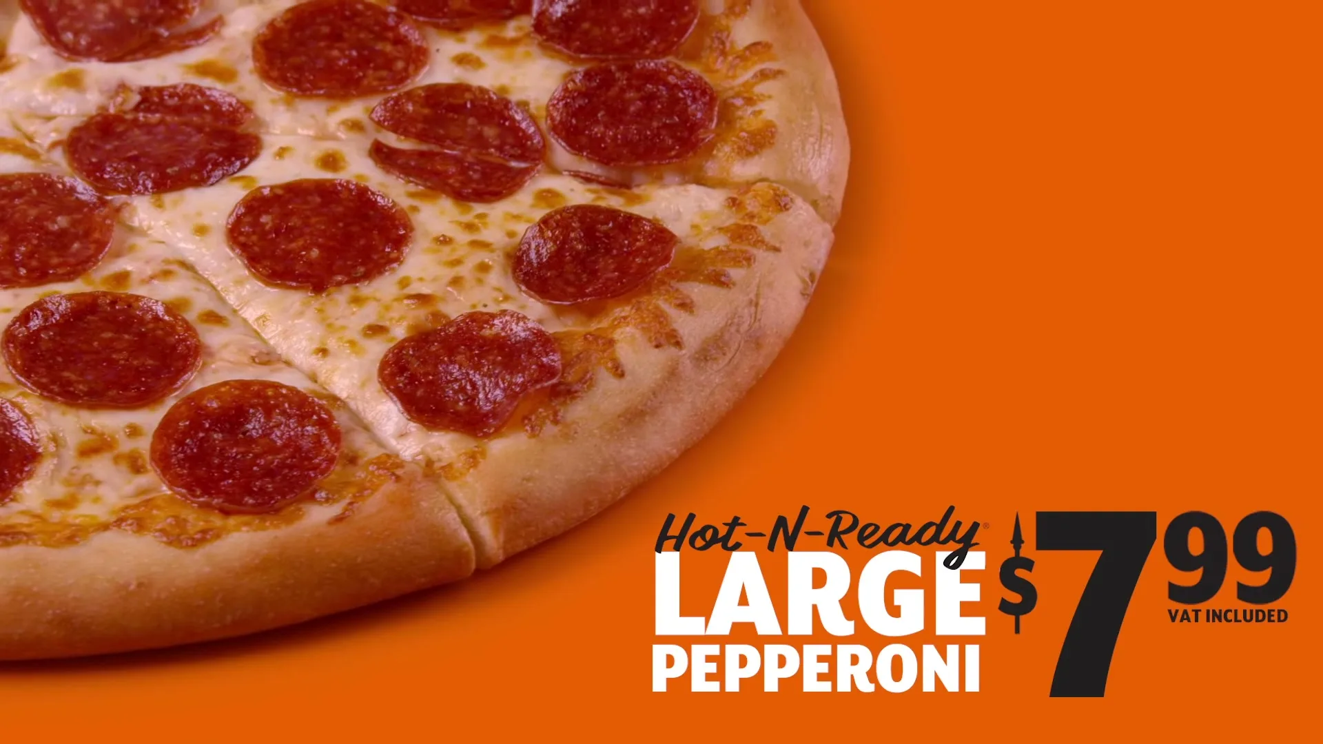 A close-up shot of a large pepperoni pizza with melted cheese and crispy pepperoni slices, set against a vibrant orange background with text overlay.