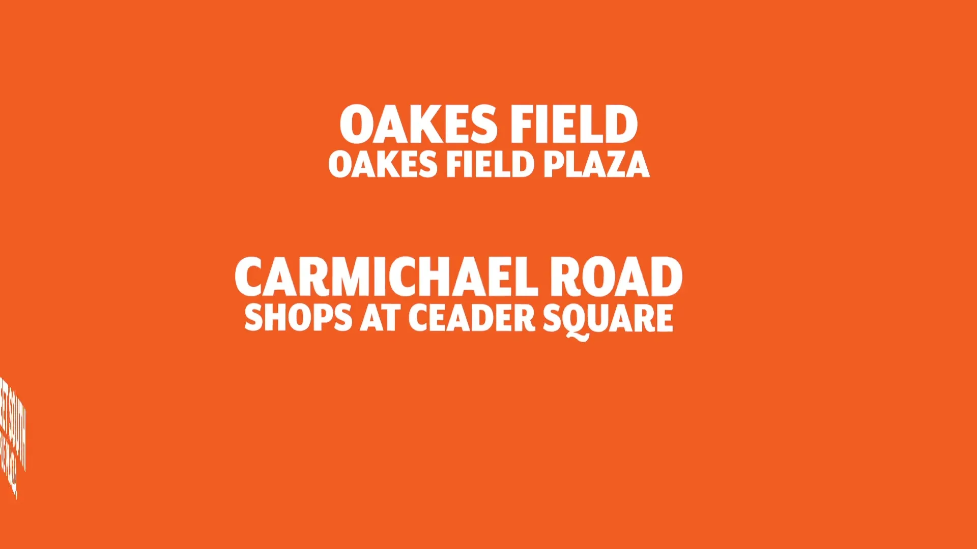 White text on an orange background lists three locations for Little Caesars, with the text animating onto the screen.