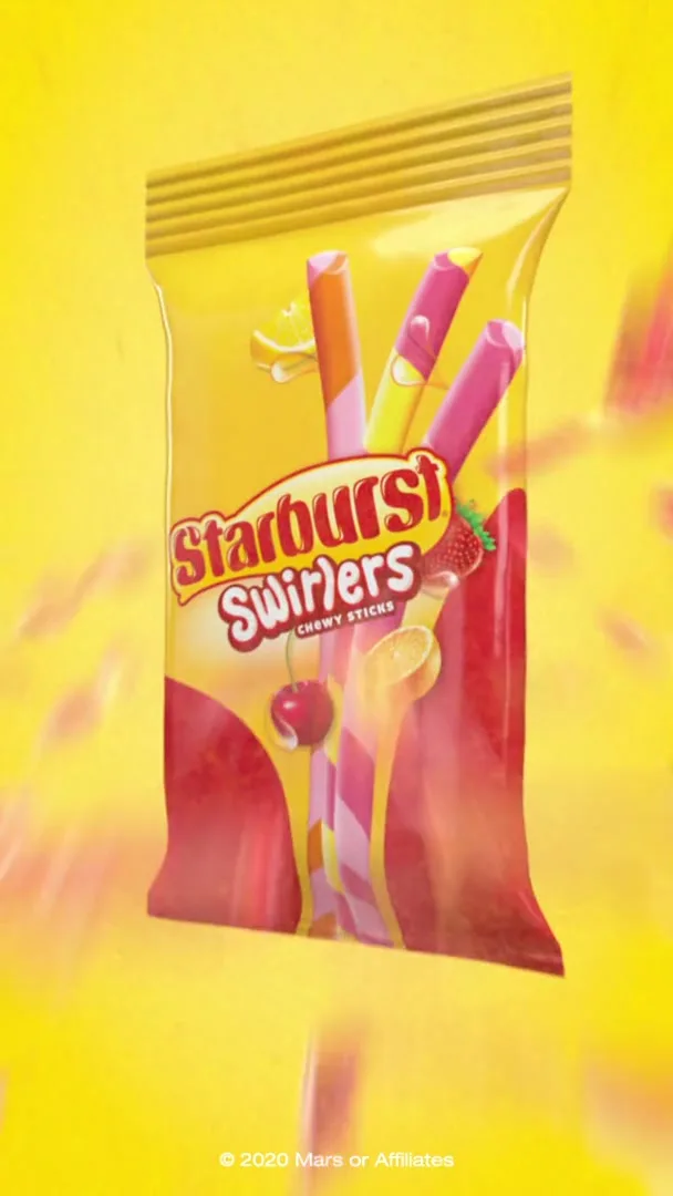 Red and yellow liquid swirls and merges, then transitions to a Starburst Swirlers candy package on a yellow background.