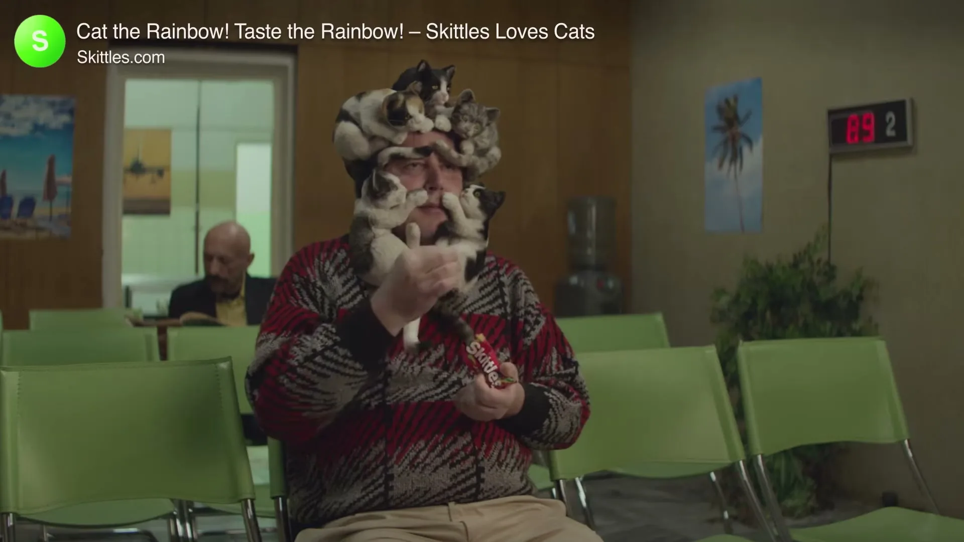 A man with a beard made of kittens sits in a waiting room, holding a pack of Skittles, while another man reads in the background.