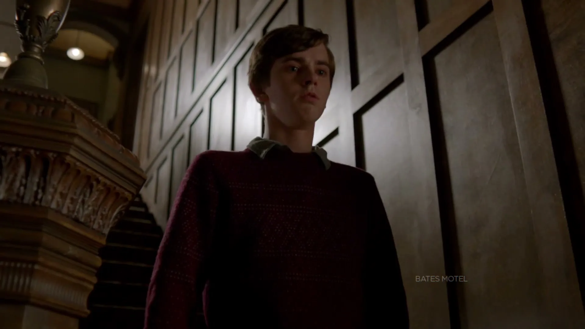 A young man with dark hair and a maroon sweater stands in a dimly lit, wood-paneled hallway, looking slightly upwards.