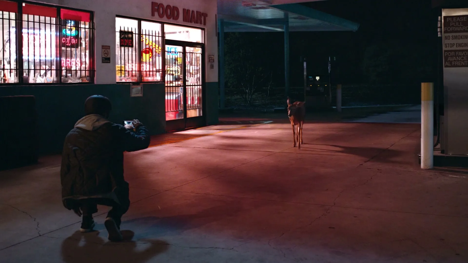 A person crouches, holding a phone to photograph a deer walking away from them in a gas station parking lot at night.