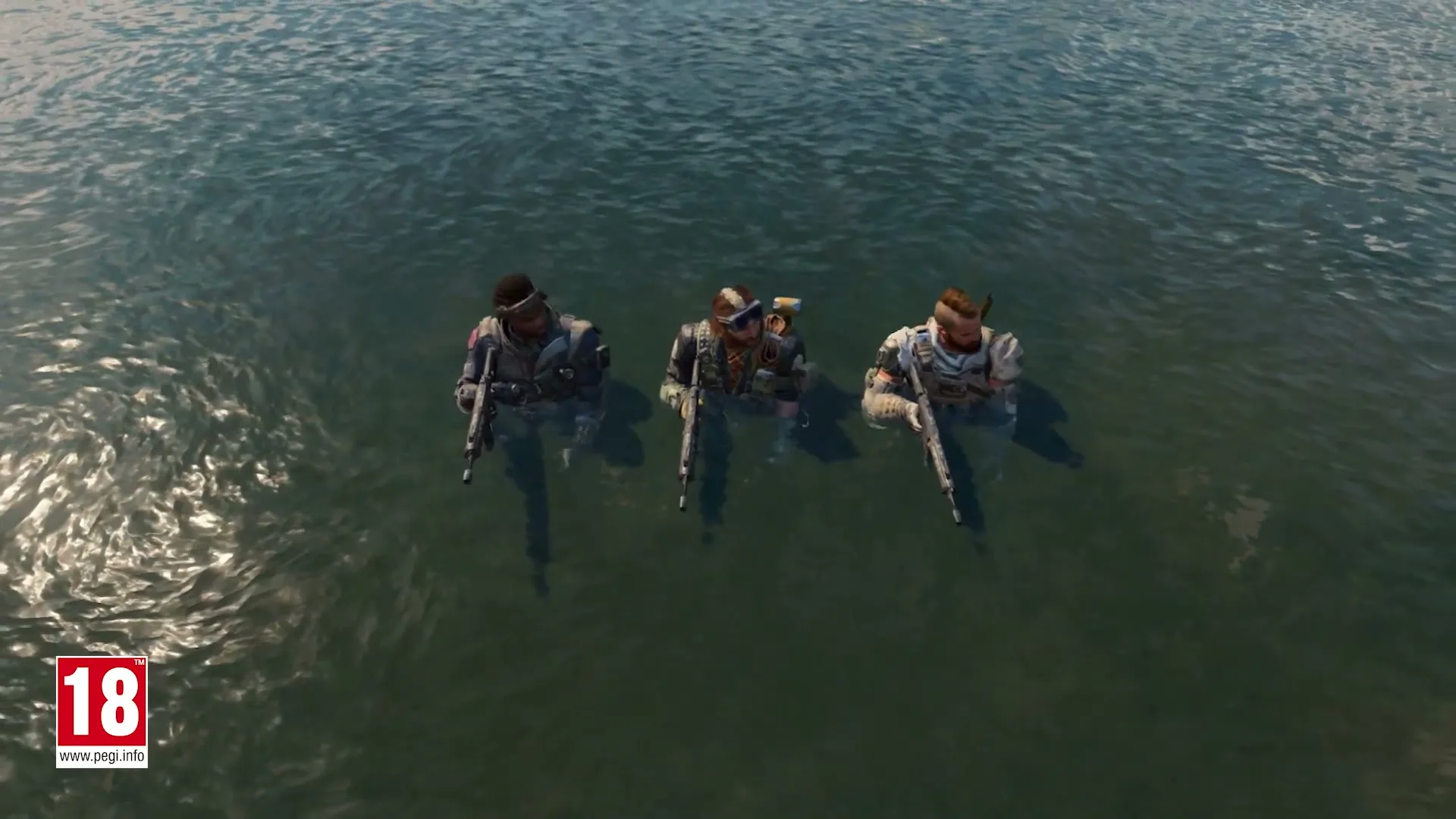 Three male soldiers in tactical gear, holding rifles, are treading water in a calm ocean under a bright sky.