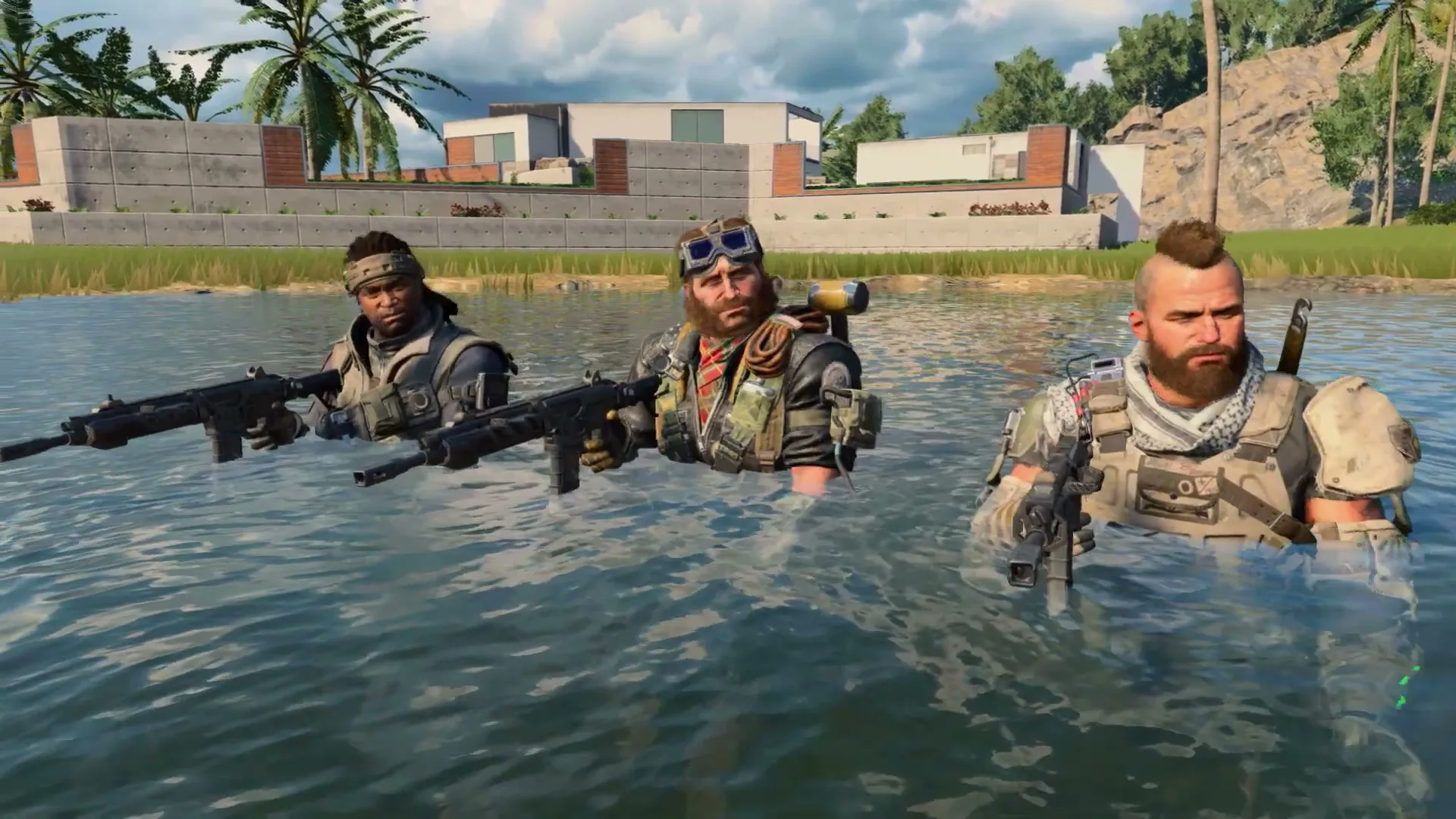 Three male soldiers, dressed in tactical gear, emerge from the water with rifles in a tropical setting with modern buildings in the background.