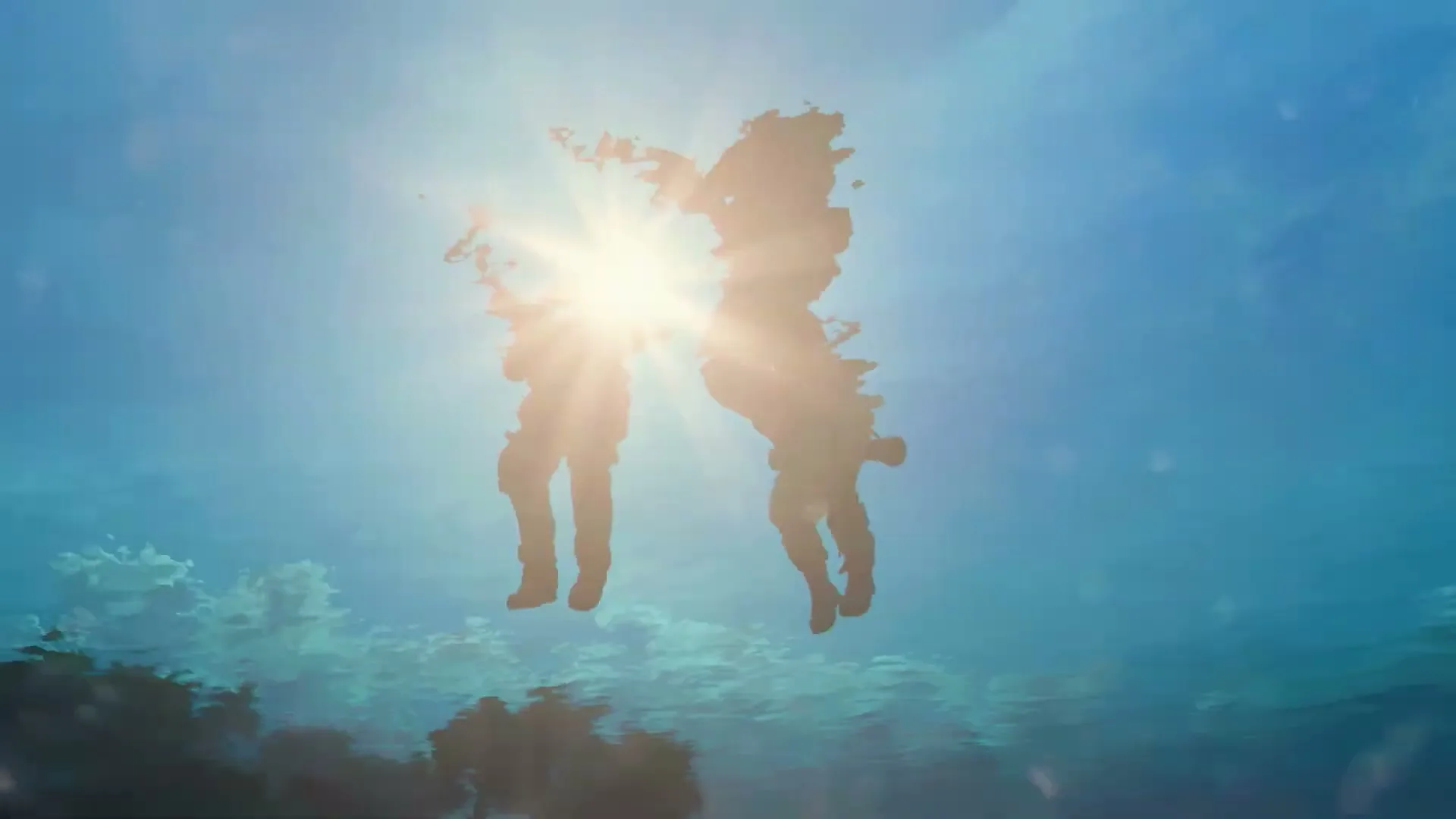 Two soldiers in tactical gear are seen from below, falling through the sky with the sun directly behind them, creating a strong silhouette.