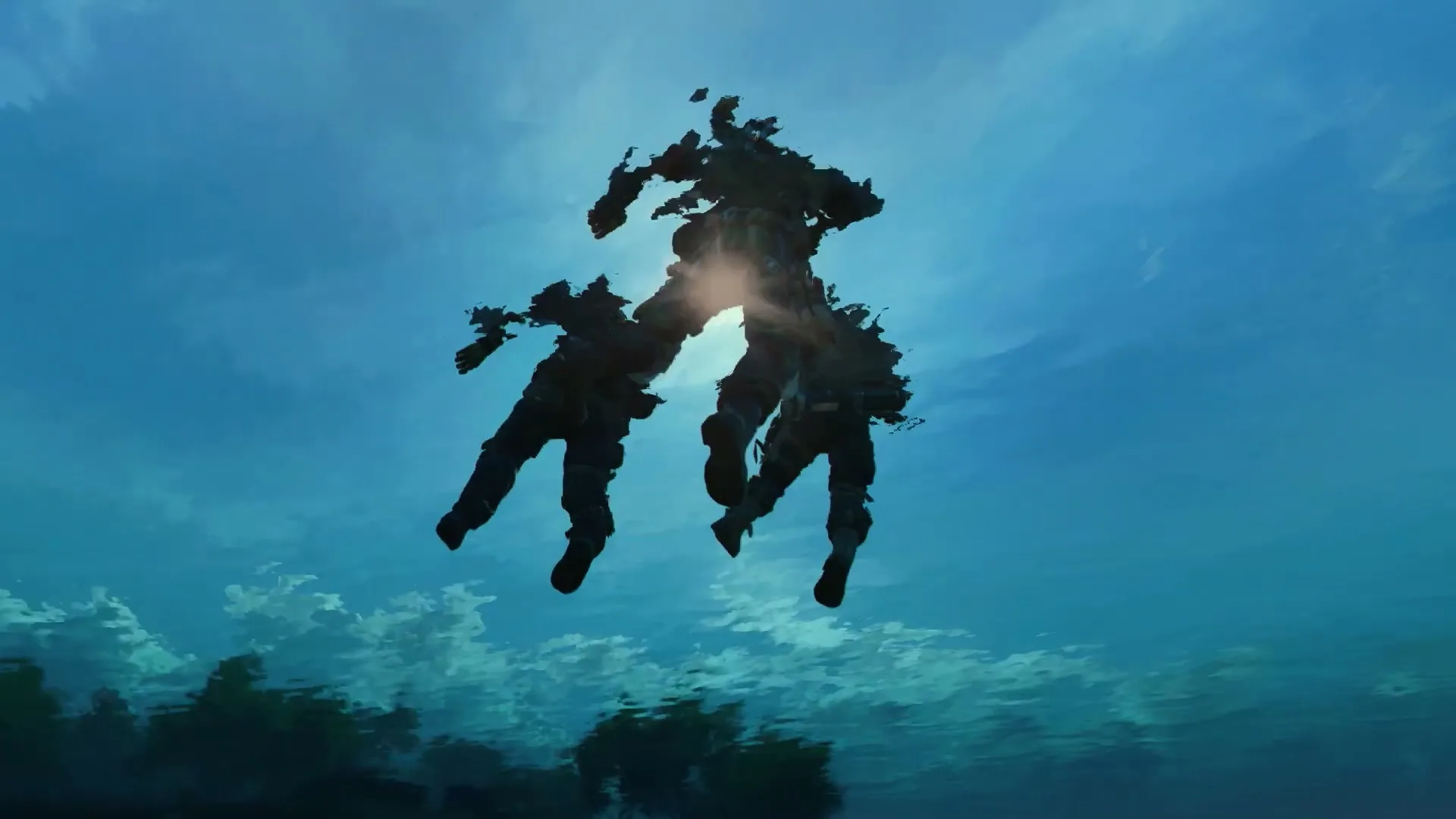 Two silhouetted figures, possibly soldiers, are seen against a bright sun in a blue sky, with distorted reflections of clouds and trees below.
