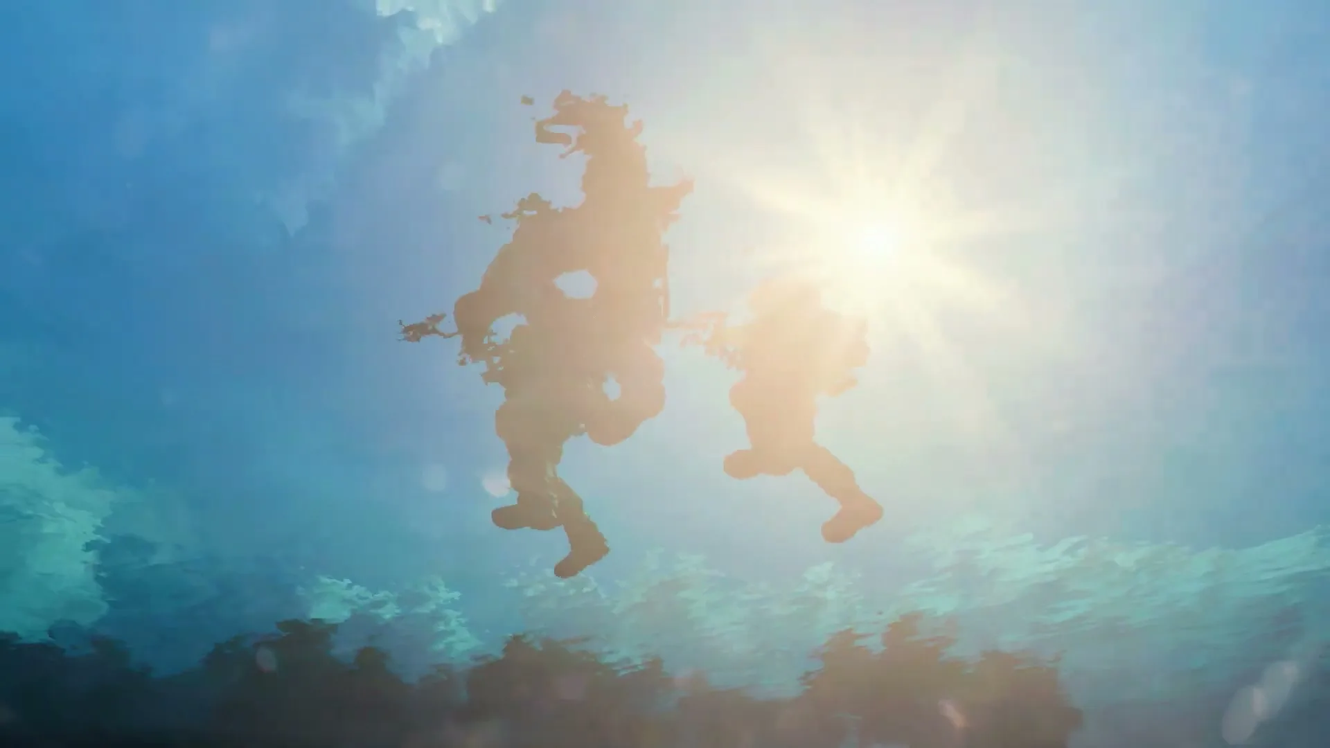 Two silhouetted figures, one on horseback, are seen from underwater, with the sun shining brightly above them.
