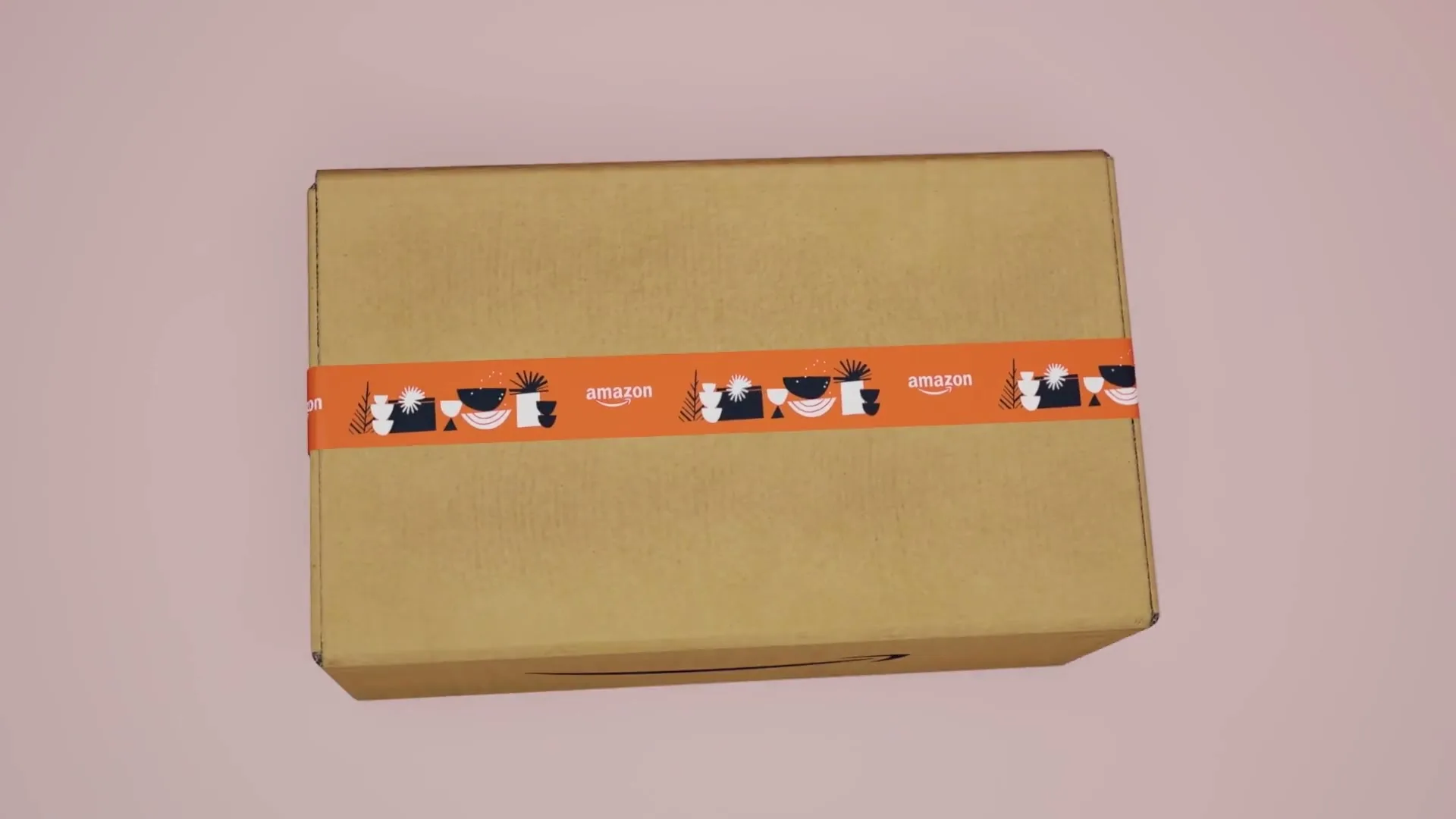 A brown Amazon box with a smile logo sits on a pink surface, then opens to reveal a stop-motion animated person in a room.