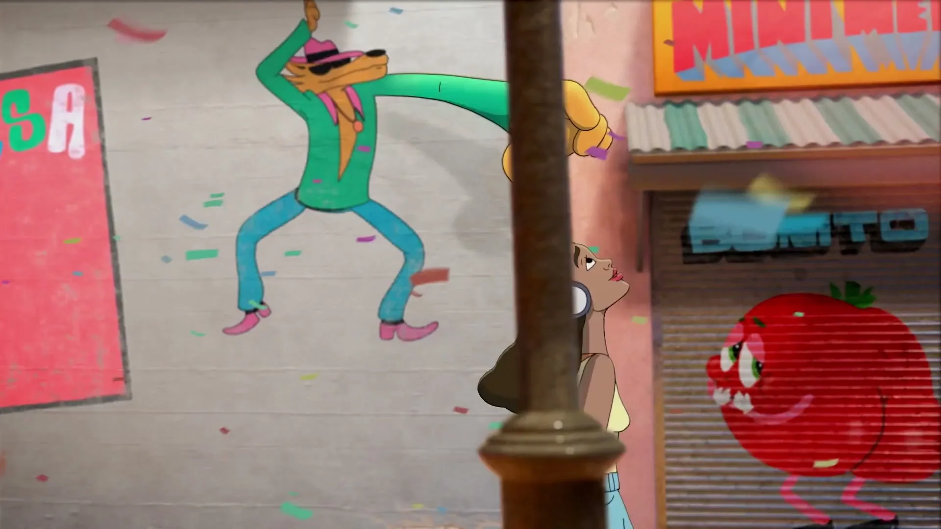 A young woman with headphones dances past a wall with a "Salsa" poster and other animated characters, as confetti falls around her in a vibrant, stylized street scene.