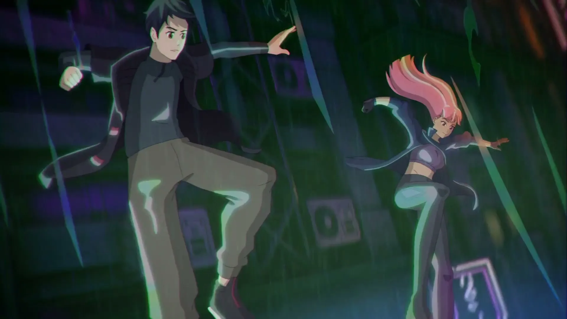 Two animated people, a male and a female, are dancing in a dark, rainy city street at night, illuminated by neon lights.