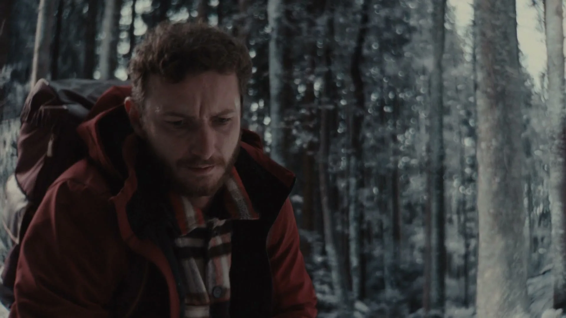 A man with a beard and a red jacket looks down with a concerned expression while walking through a snowy forest.