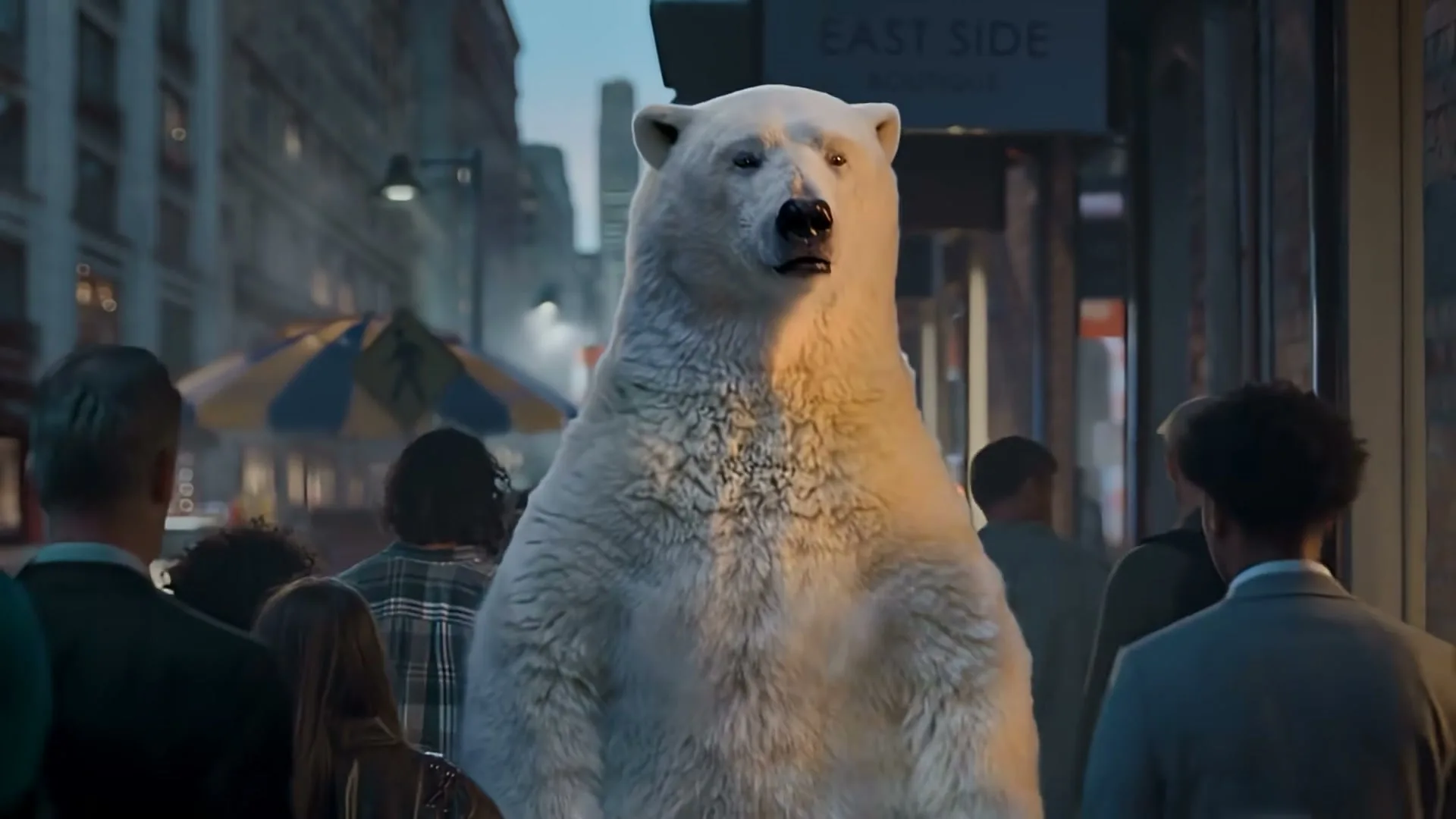 A large, white polar bear stands upright in the middle of a busy city street, looking around at the people.