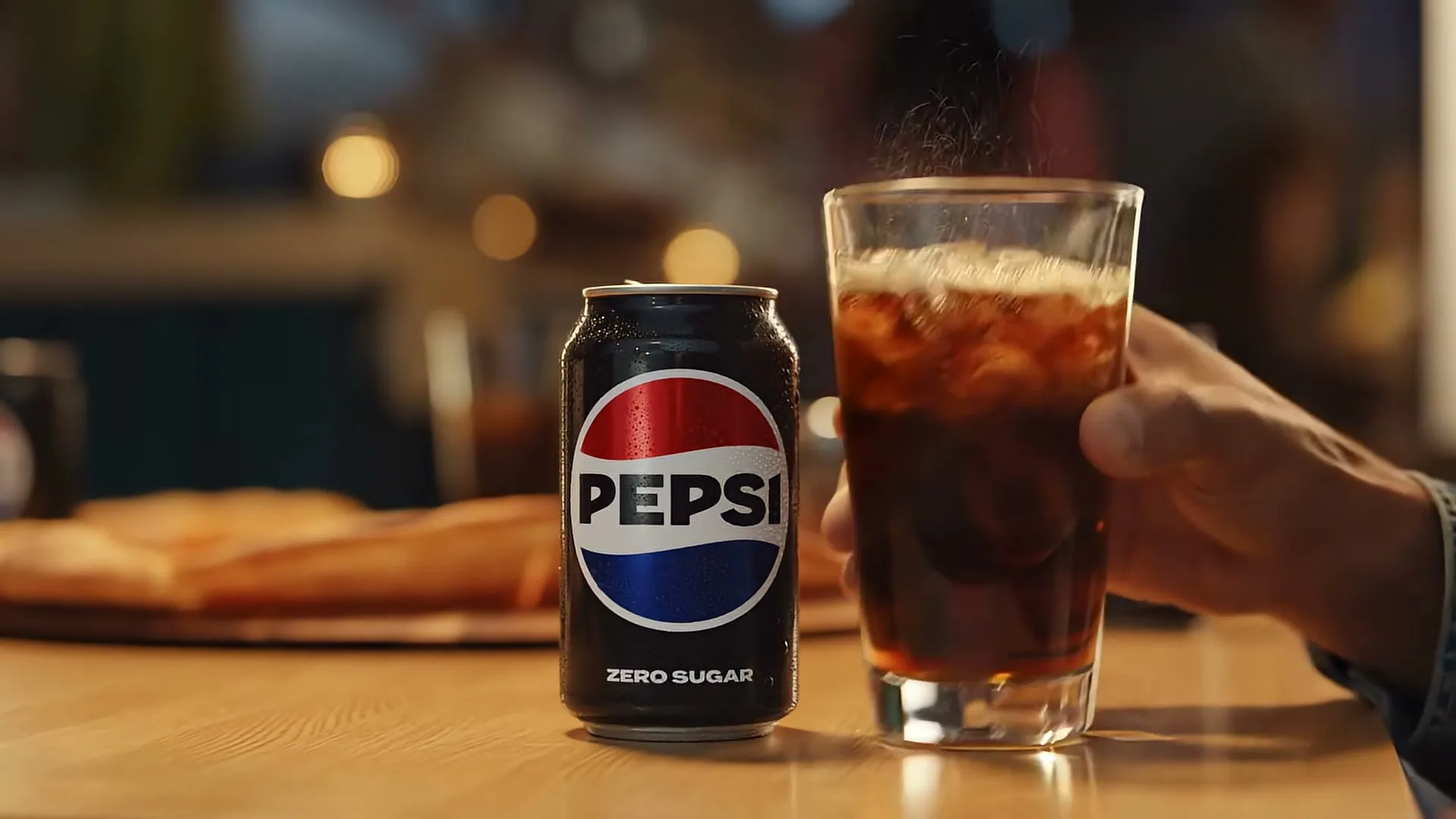 A can of Pepsi Zero Sugar sits on a wooden table next to a glass of soda with ice, with a pizza in the background.