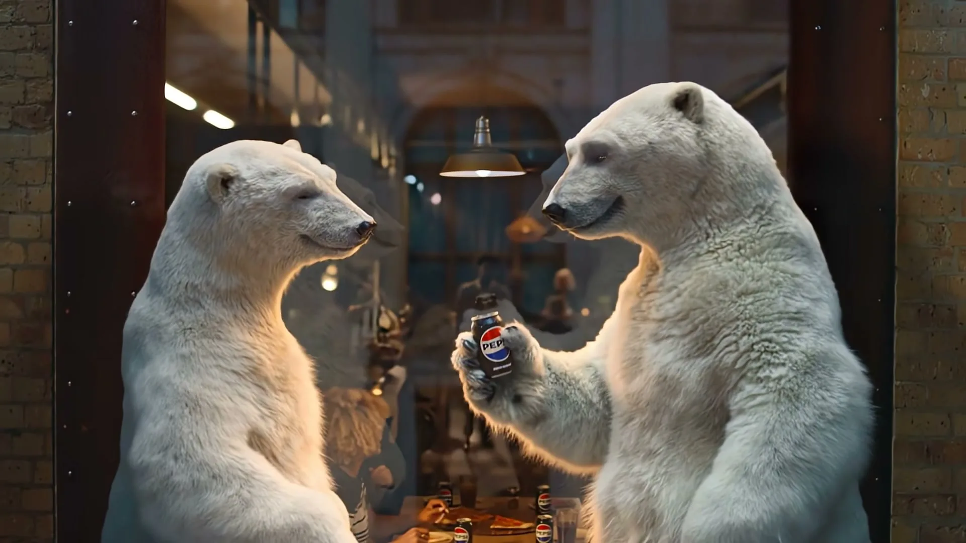Two photorealistic CGI polar bears stand in a window display, one holding a Pepsi can, looking at each other in a city street at night.