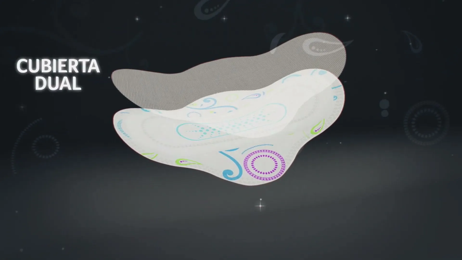 A U by Kotex maxi regular pad package transforms into a stylized pad, highlighting its dual cover and blue absorbent core against a dark, patterned background.