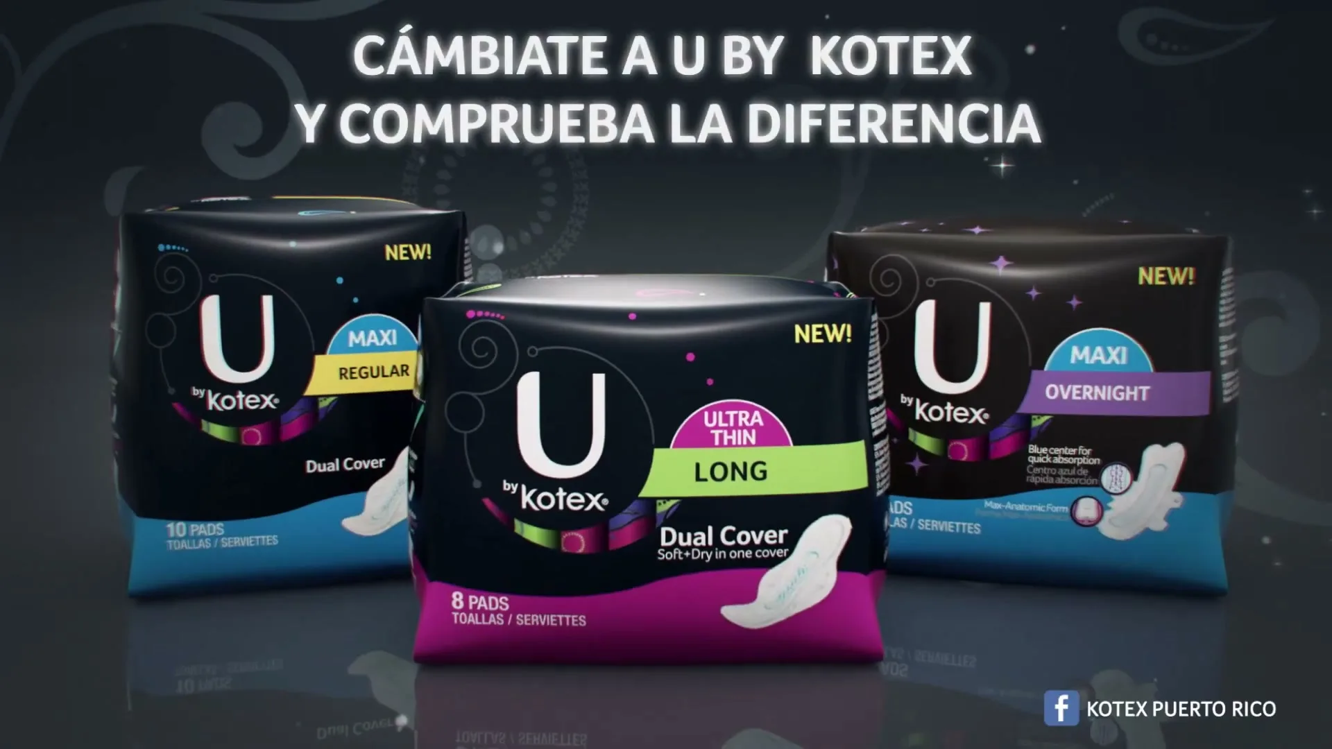 Three U by Kotex feminine hygiene product packages, in black with colorful accents, are displayed on a dark surface with a patterned background, as text appears above them.