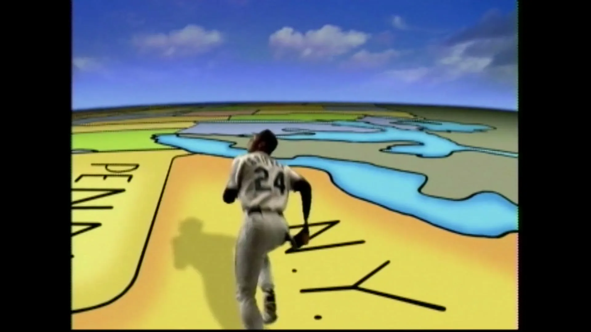 A baseball player in a white jersey with "GRIFFEY 24" on the back runs across a stylized map of the United States under a blue sky.