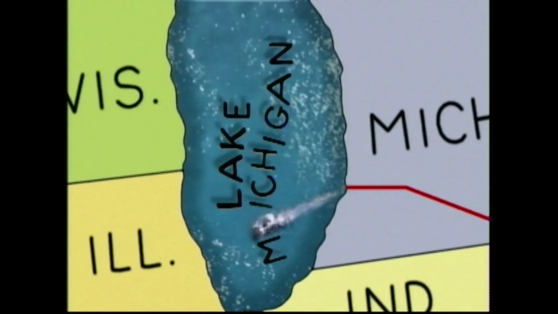 An animated map of the Great Lakes region shows a red line crossing Lake Michigan, with the words "Lake Michigan" written on the lake.