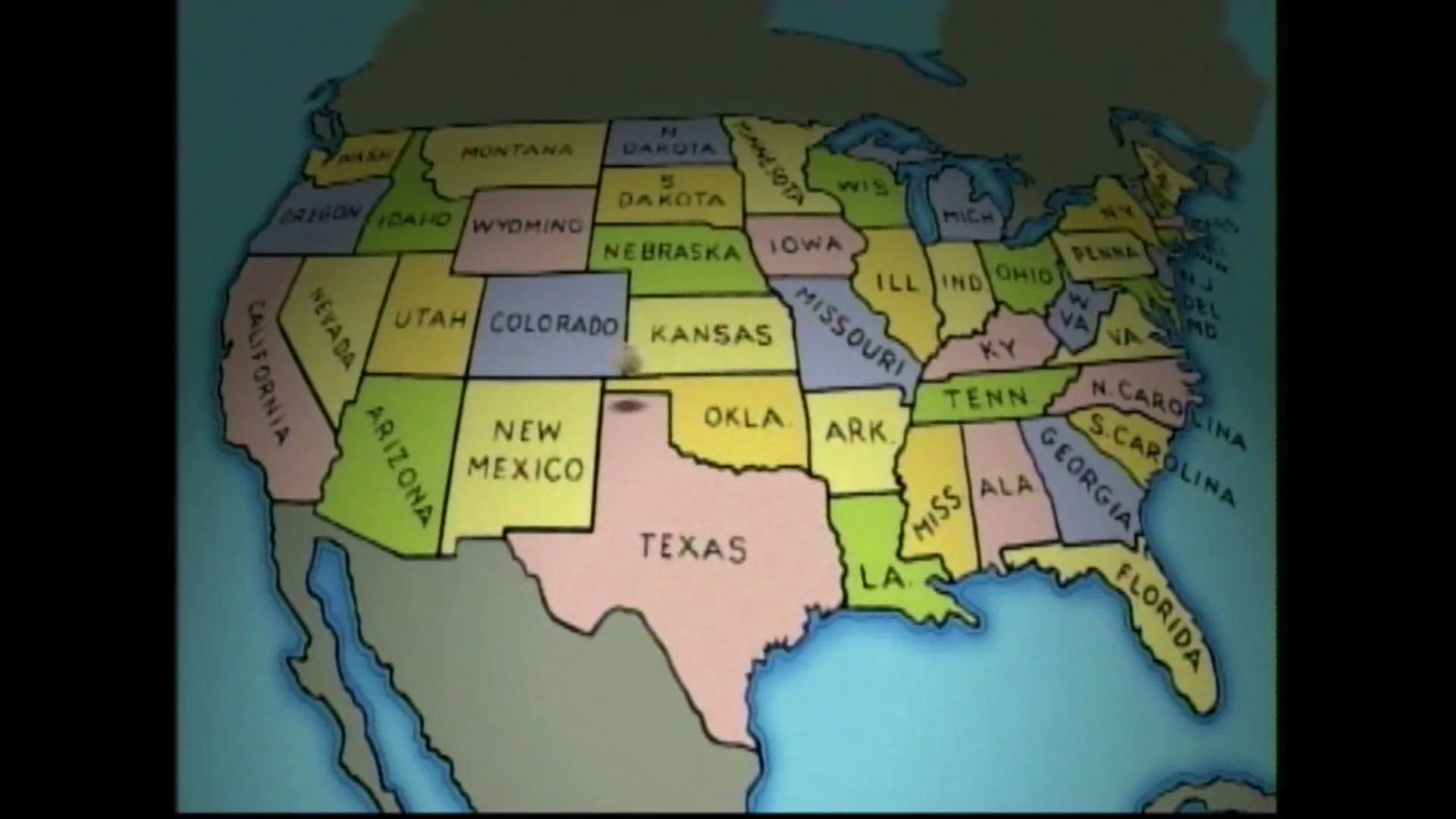 An animated map of the United States with states colored differently is shown, with a small dot moving across it.