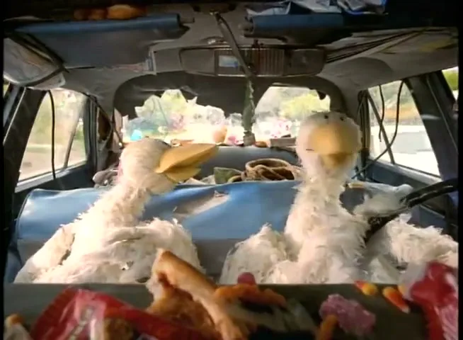 Two white duck puppets, one with a microphone, sit in the front seats of a messy car, talking to each other.