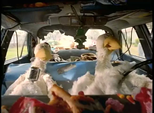 Two white duck puppets are seen from the back seat of a messy car, one holding a microphone, as they drive down a suburban street.