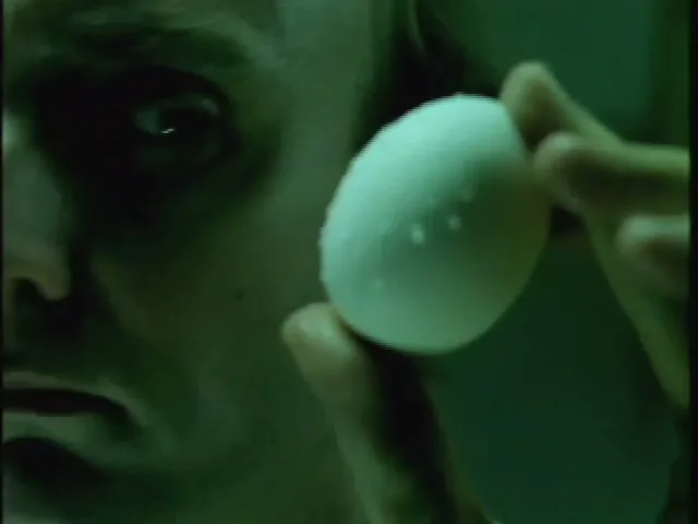 A man with short blonde hair and a green-tinted face holds a white egg with water droplets, looking at it intently in a dark, mysterious setting.