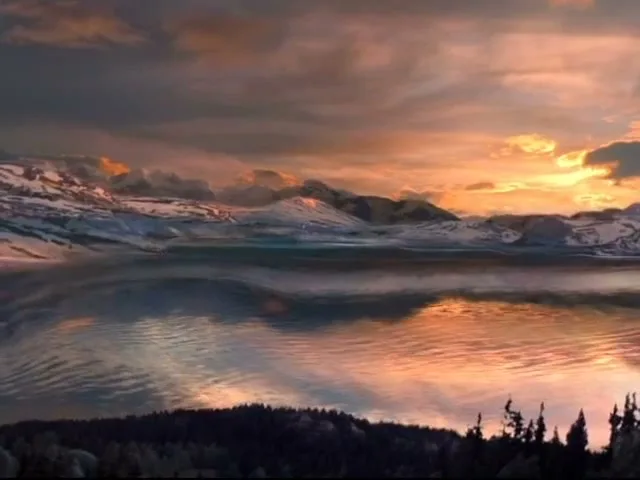 A wide shot of a serene lake reflecting the vibrant colors of a sunset sky, surrounded by snow-capped mountains and dark forests.