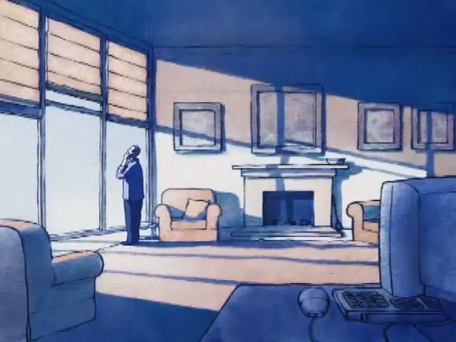 A man in a suit stands by a large window, looking out, in a stylized animated living room with a fireplace and furniture.