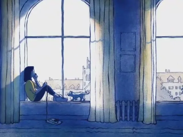 A young woman sits on a window sill, talking on a corded phone, with a cat walking past her, in an animated interior setting.