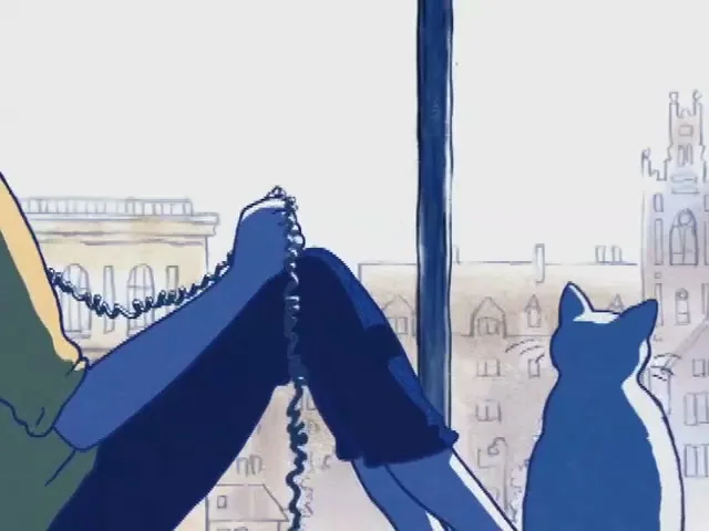A young woman sits by a window, holding a phone cord, with a cat beside her, looking out at a city skyline.