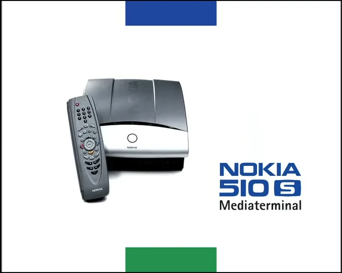 A Nokia 510S Mediateminal and remote control are displayed on a white background with blue and green stripes, as the camera rotates around them.