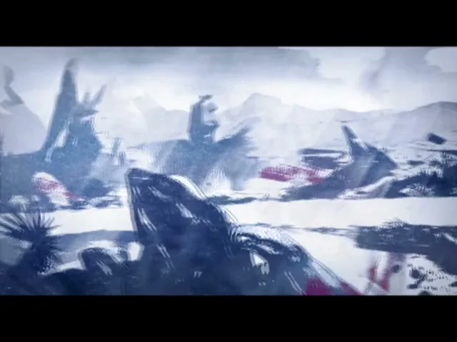 A stylized animated cityscape transitions to a desolate, snowy landscape with abstract structures and a reflective body of water under a cloudy sky.