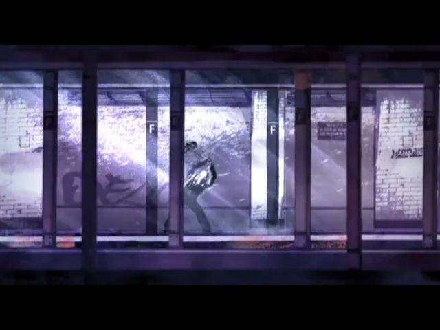 A stylized male figure in dark clothing runs through a subway station, seen through grimy windows with light rays.