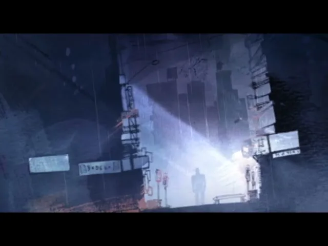 A lone figure stands in a stylized, dark alleyway, illuminated by a bright light from the right, in a hand-drawn animation style.