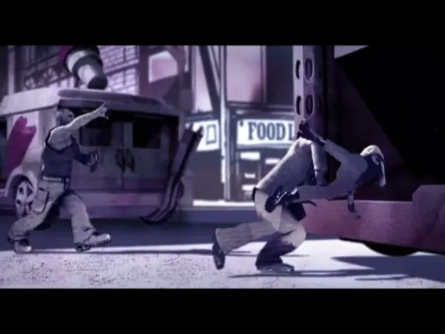 Two stylized CG characters, a man and a woman, are dancing in a street as a large truck approaches, in a dark urban setting.