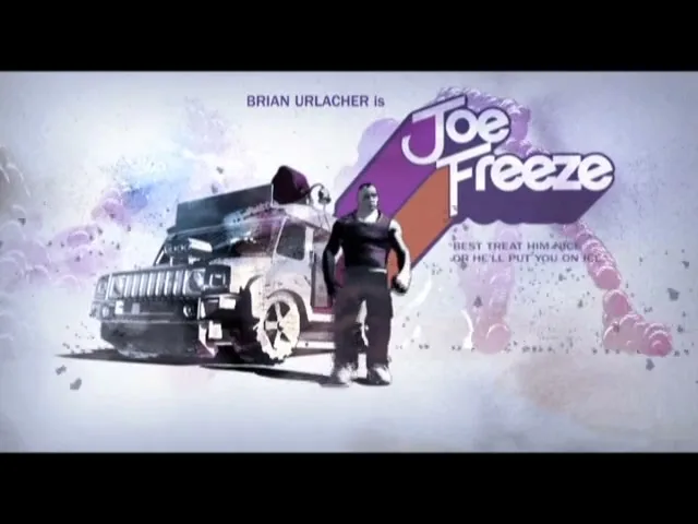 A male character, Brian Urlacher as Joe Freeze, stands next to a stylized Hummer in a snowy landscape, with text overlay.