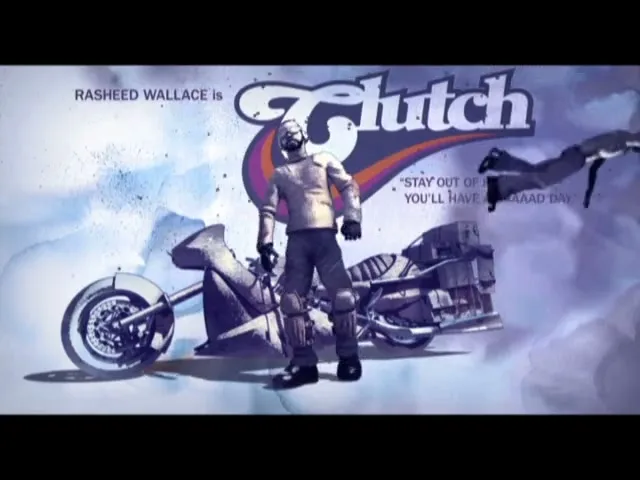 A stylized CG animation shows a male character in a futuristic outfit standing next to a custom motorcycle, with text appearing on screen.
