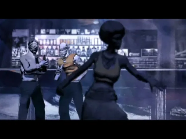 Three stylized animated characters, two men and one woman, dance in a dimly lit bar with bottles on shelves in the background.